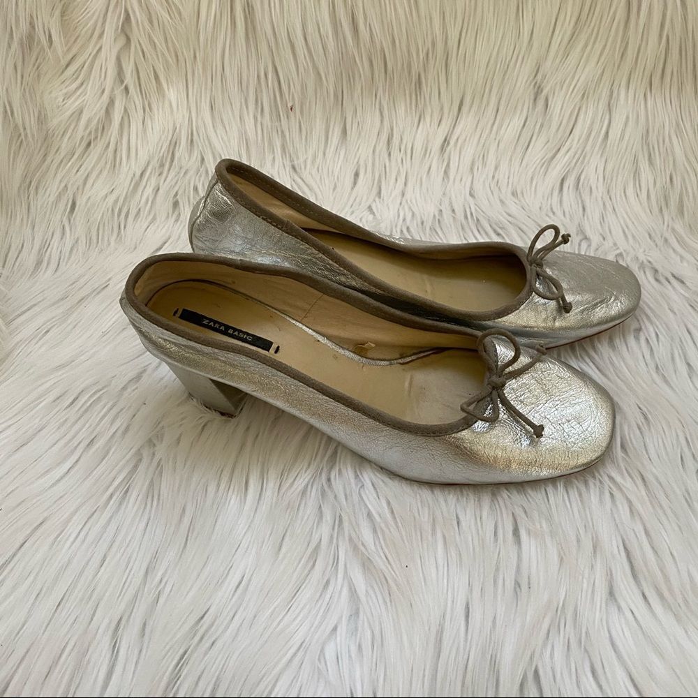 ZARA silver leather ballerina bow detail chunky heel square toe pumps 9